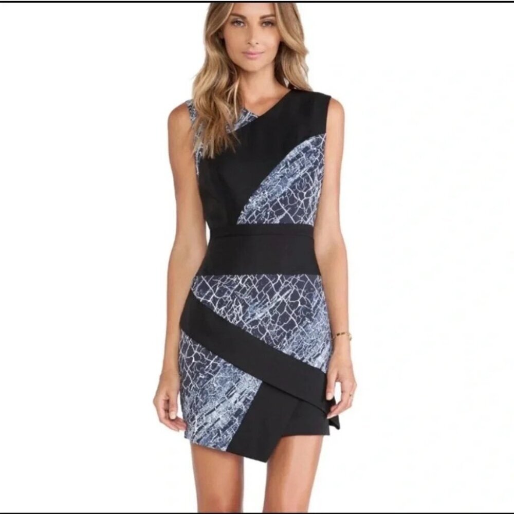 BCBGMaxAzria 'Dalia" Blue and Black Asymmetrical Sheath Dress, Size 4